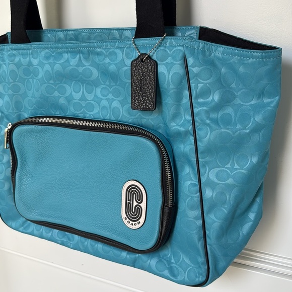 COACH Court Tote Bag Signature C Nylon Pebbled Leather With Patch Blue Black - Picture 3 of 16